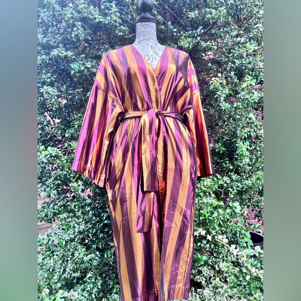 Manila Grace Metallic Striped Burgundy Orange Robe Coat Duster IT 44 fits 6-8 - Picture 3 of 16